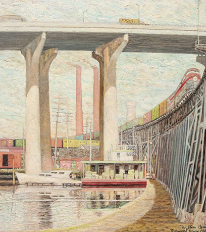 Peinture de Glenn Cavedo représentant le centre-ville de Richmond, le canal et l'autoroute de Virginie. La peinture utilise des couleurs pastel claires.