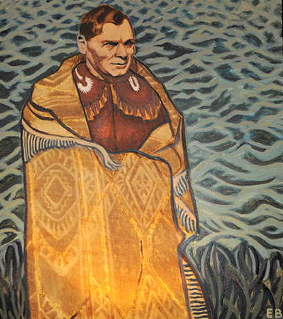 Portrait stylisé du chef Walter Bradby, portant des vêtements traditionnels, sur un fond bleu texturé.