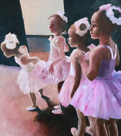 La peinture de Catherine Kauffman "Waiting in the Wings" (Attente dans les coulisses) : quatre jeunes ballerines attendent en coulisses pour une représentation.