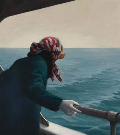 Peinture d'une femme portant un foulard rouge et blanc et regardant par-dessus le bord d'un ferry sur une mer d'eau bleue. Peint par Barclay Sheaks.