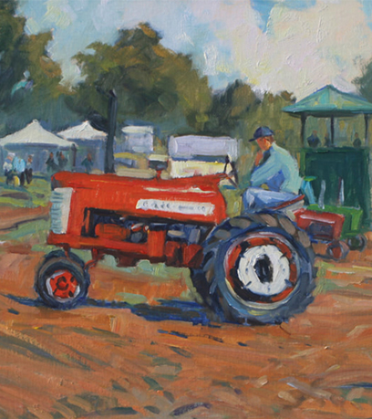 Peinture de Maria Reardon représentant un tracteur rouge conduit par un homme en casquette et chemise bleue.
