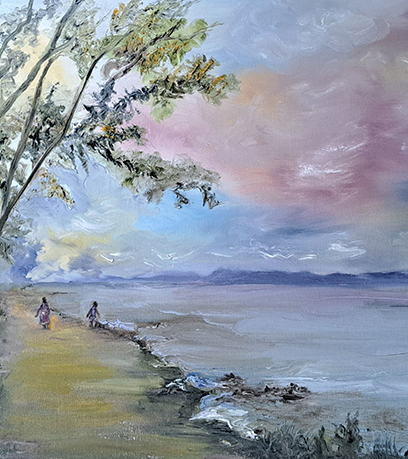 Une peinture pittoresque d'un sentier côtier, avec deux personnages marchant sous un grand arbre sur fond de ciel coloré.