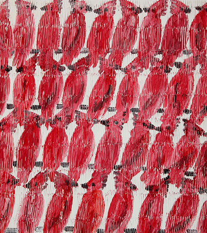 Peinture de cardinaux sur fond blanc.