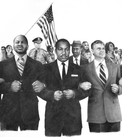 Dessin au crayon noir et blanc de Martin Luther King Jr. et d'hommes et de femmes joignant les bras en cercle, avec un drapeau américain en arrière-plan.