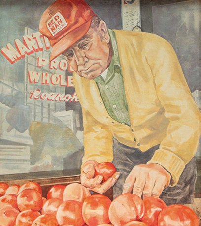 Une peinture représentant un homme avec une caisse de tomates.