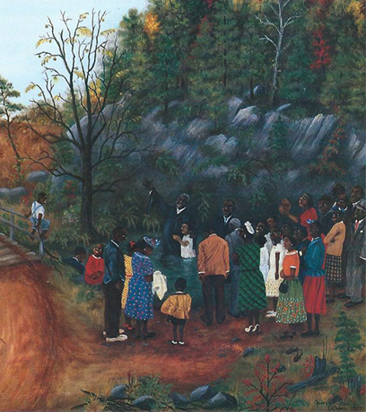 Peinture de Queena Stovall représentant un baptême au bord d'une rivière.